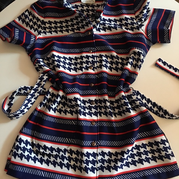 VTG 60 70 MOD Tie Waist Top Red Blue Stripes - Picture 15 of 16